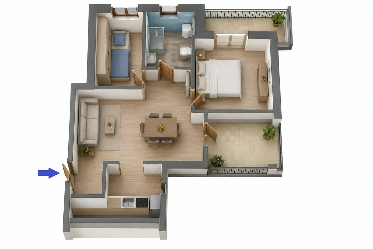 3D půdorys bytu ve Scalee — kuchyňský kout, obývací pokoj, dvě ložnice, koupelna, terasa a balkon