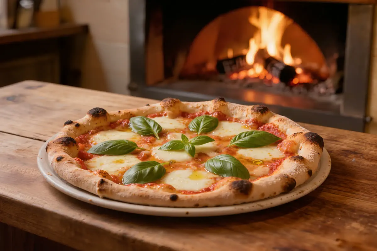 Neapolská pizza margherita z pece na dřevo