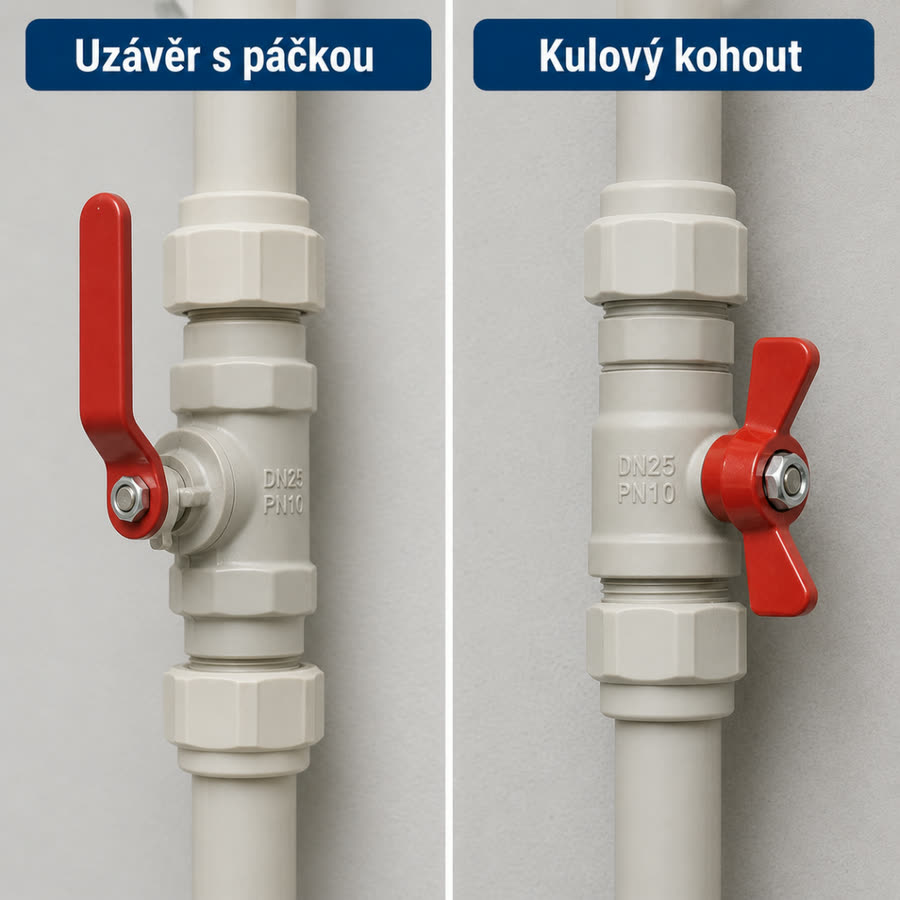 Hlavní uzávěr vody &mdash; páčka a kulový kohout